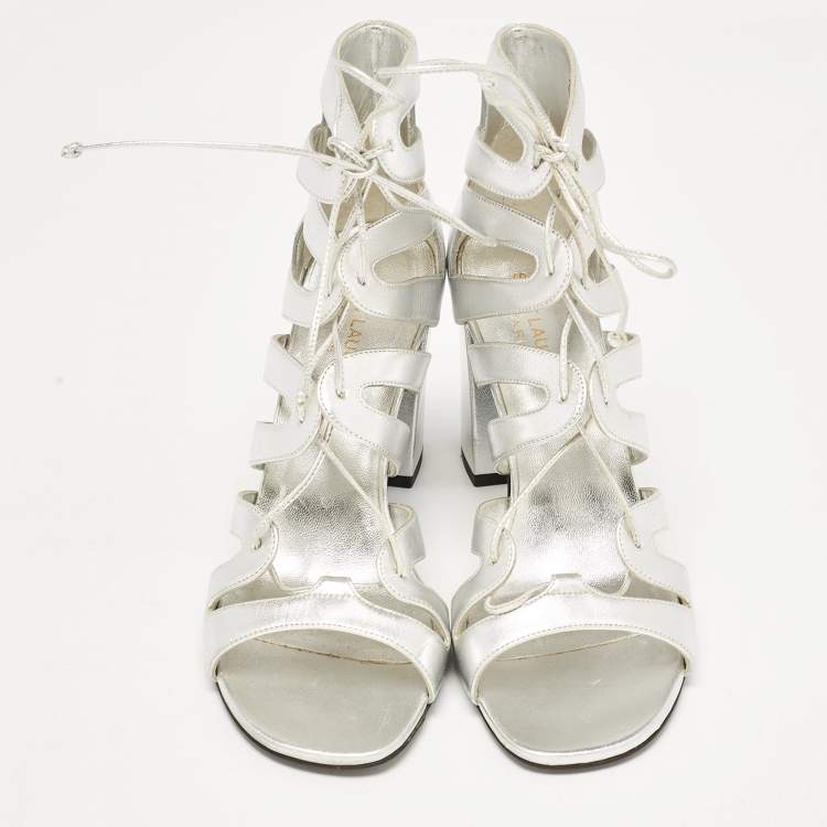 Pre Owned Saint Laurent Silver Leather Babes Lace Up Sandals Size 38