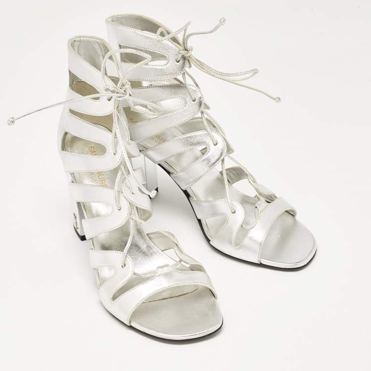 Pre Owned Saint Laurent Silver Leather Babes Lace Up Sandals Size 38
