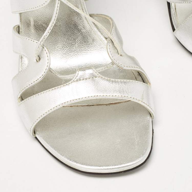 Pre Owned Saint Laurent Silver Leather Babes Lace Up Sandals Size 38