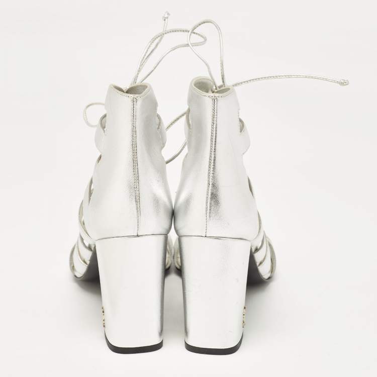Pre Owned Saint Laurent Silver Leather Babes Lace Up Sandals Size 38