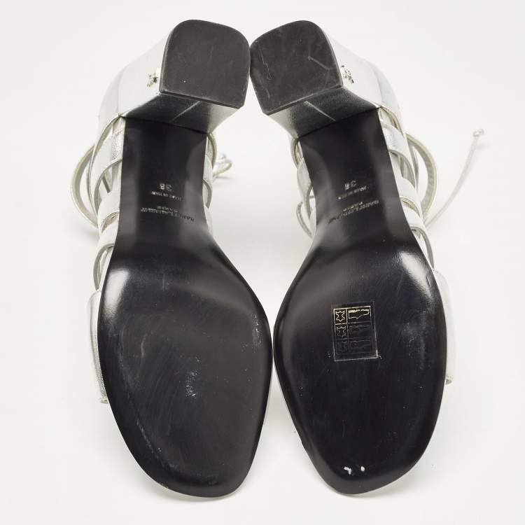 Pre Owned Saint Laurent Silver Leather Babes Lace Up Sandals Size 38