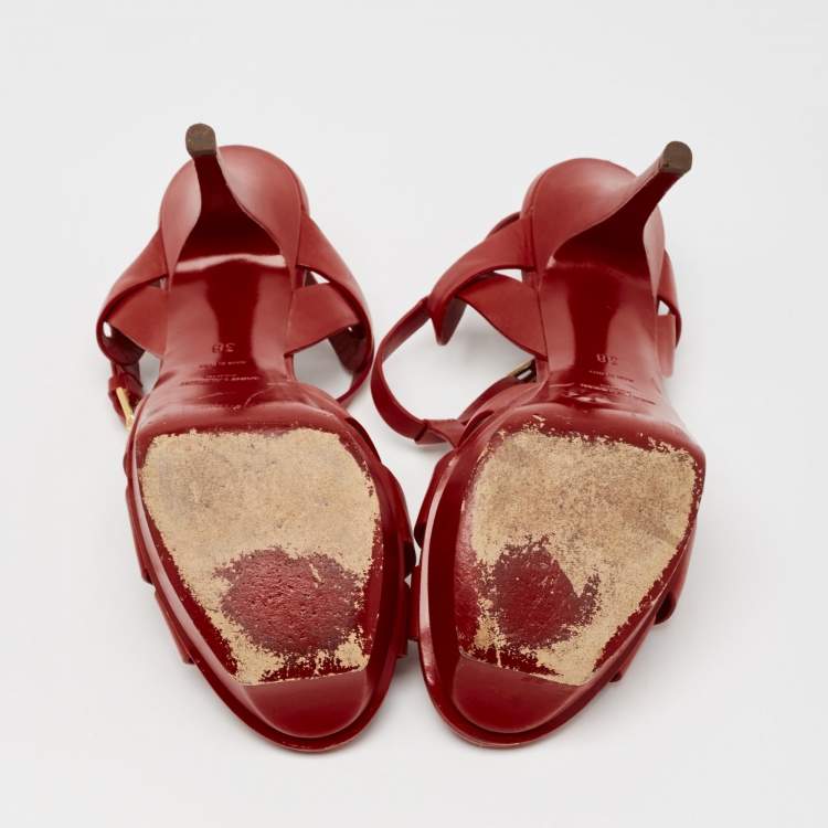 مملوكة مسبقًا Saint Laurent Red Leather Tribute Platform Sandals Size 38