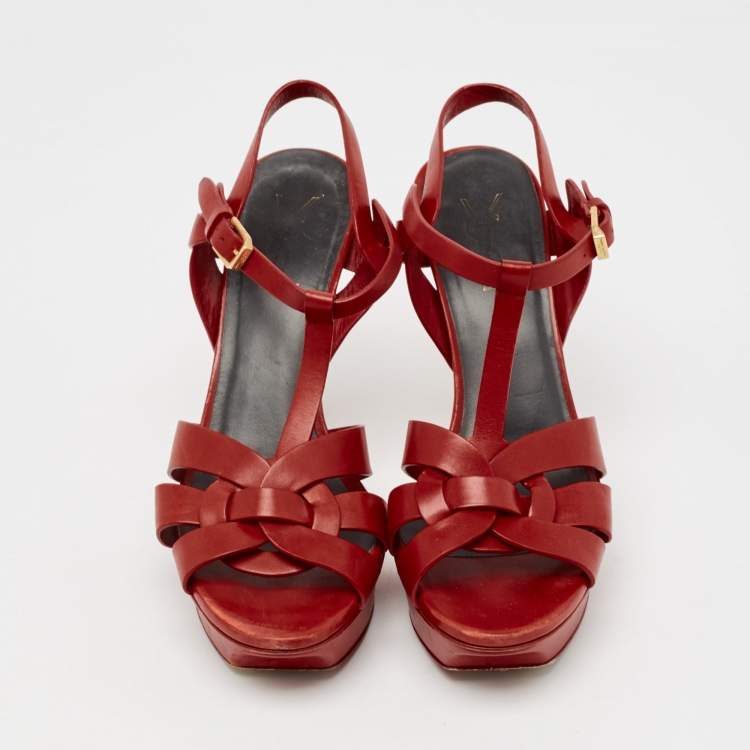 مملوكة مسبقًا Saint Laurent Red Leather Tribute Platform Sandals Size 38