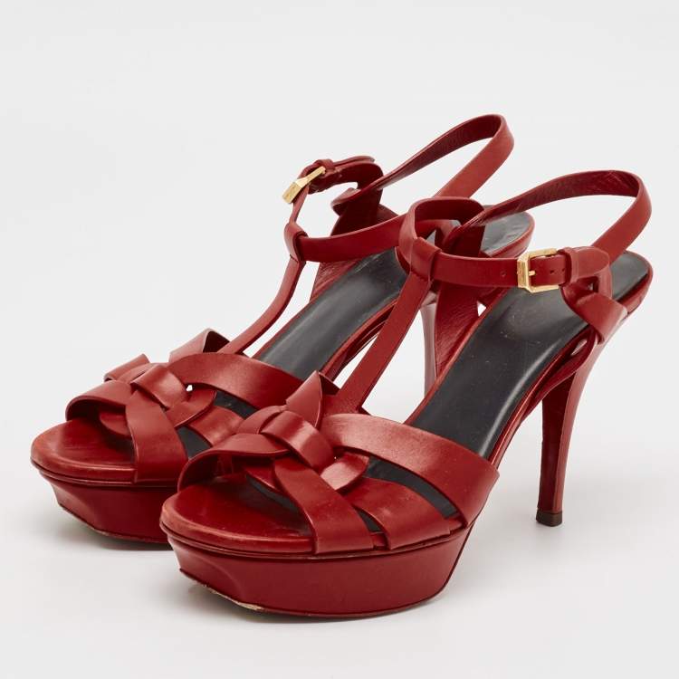 مملوكة مسبقًا Saint Laurent Red Leather Tribute Platform Sandals Size 38