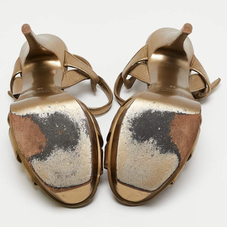 Pre Owned Saint Laurent Gold Leather Tribute Platform Sandals Size 39