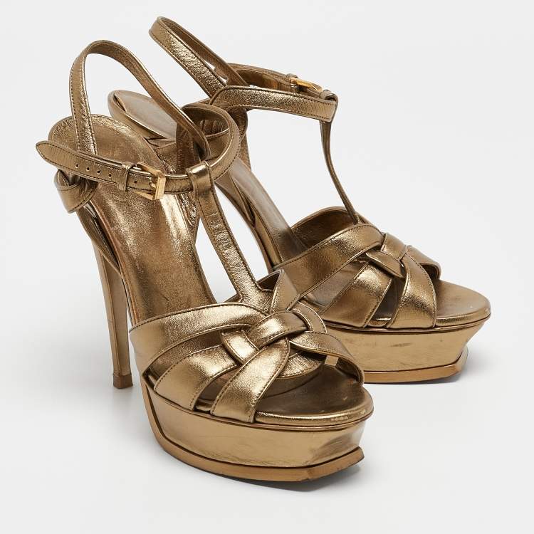 Pre Owned Saint Laurent Gold Leather Tribute Platform Sandals Size 39