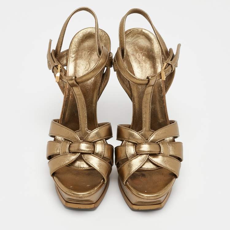 Pre Owned Saint Laurent Gold Leather Tribute Platform Sandals Size 39