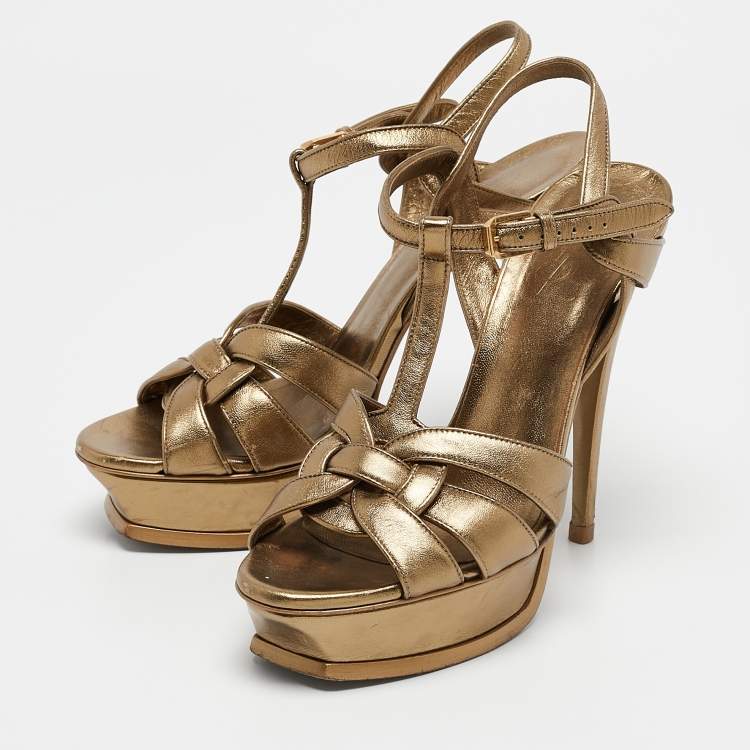Pre Owned Saint Laurent Gold Leather Tribute Platform Sandals Size 39