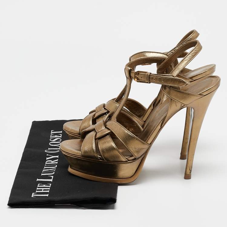 Pre Owned Saint Laurent Gold Leather Tribute Platform Sandals Size 39