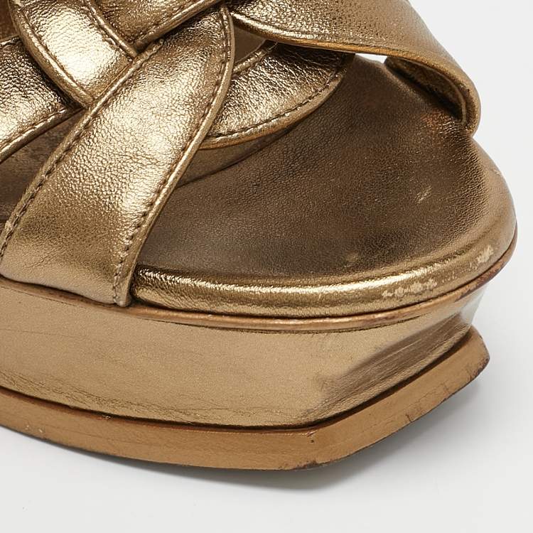 Pre Owned Saint Laurent Gold Leather Tribute Platform Sandals Size 39