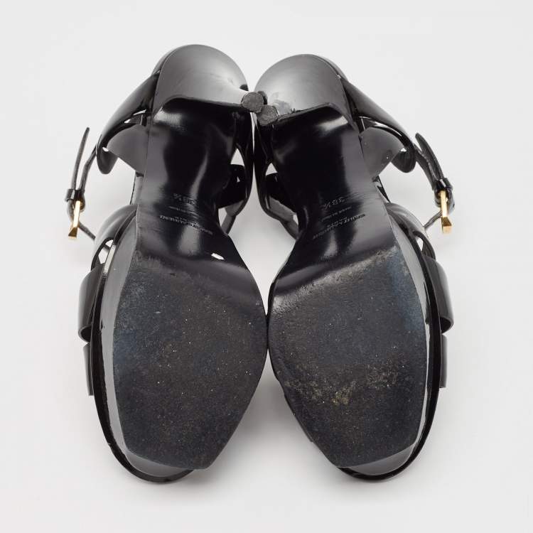 Pre Owned Saint Laurent Black Patent Leather Tribute Ankle Strap Sandals Size 38.5