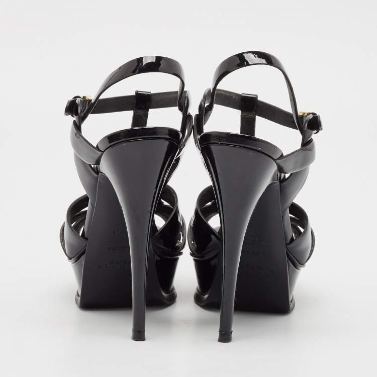 Pre Owned Saint Laurent Black Patent Leather Tribute Ankle Strap Sandals Size 38.5