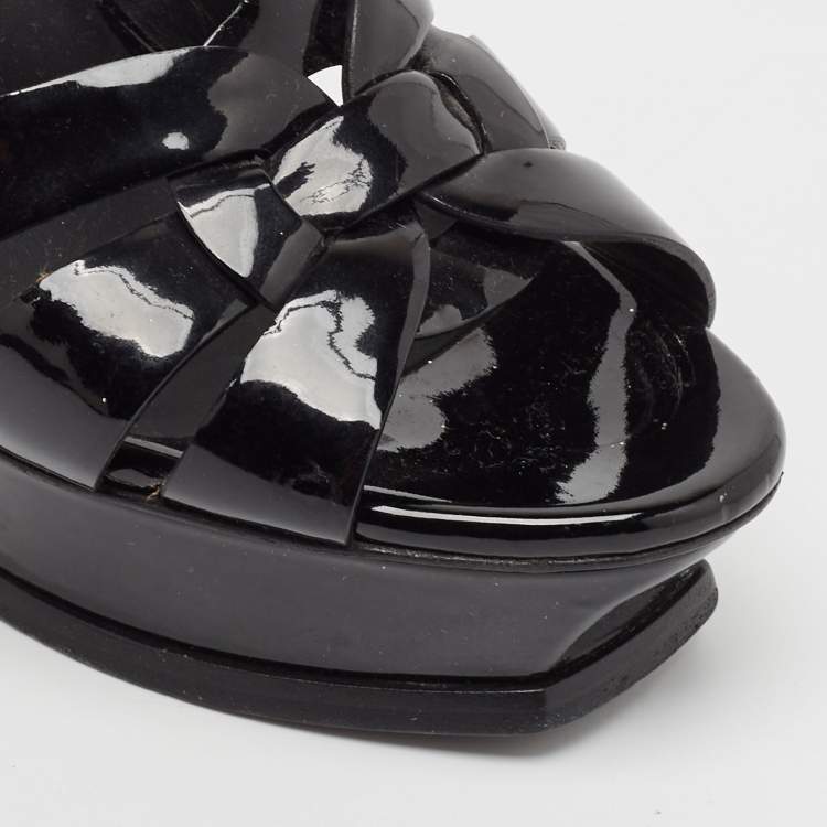 Pre Owned Saint Laurent Black Patent Leather Tribute Ankle Strap Sandals Size 38.5