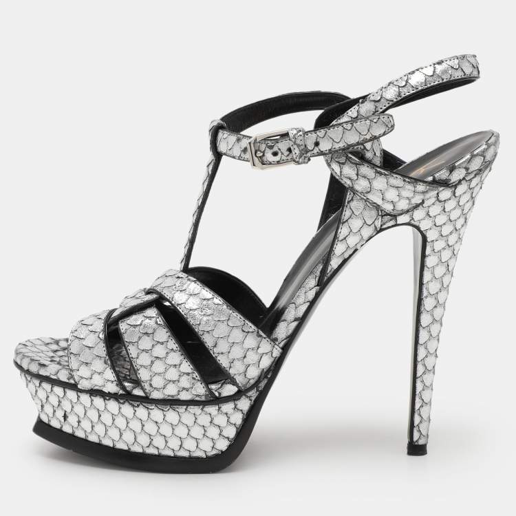 Pre Owned Saint Laurent Paris Silver Python Embossed Leather Tribute Platform Sandals Size 38.5
