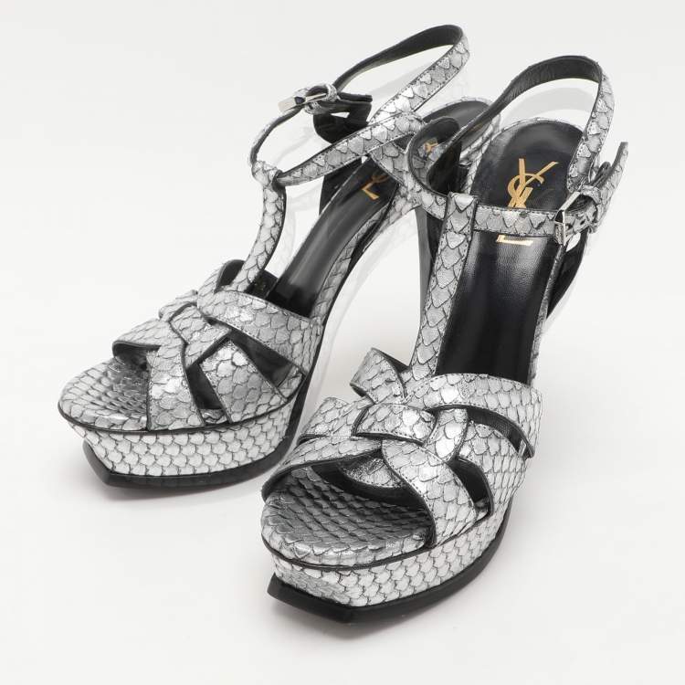 Pre Owned Saint Laurent Paris Silver Python Embossed Leather Tribute Platform Sandals Size 38.5