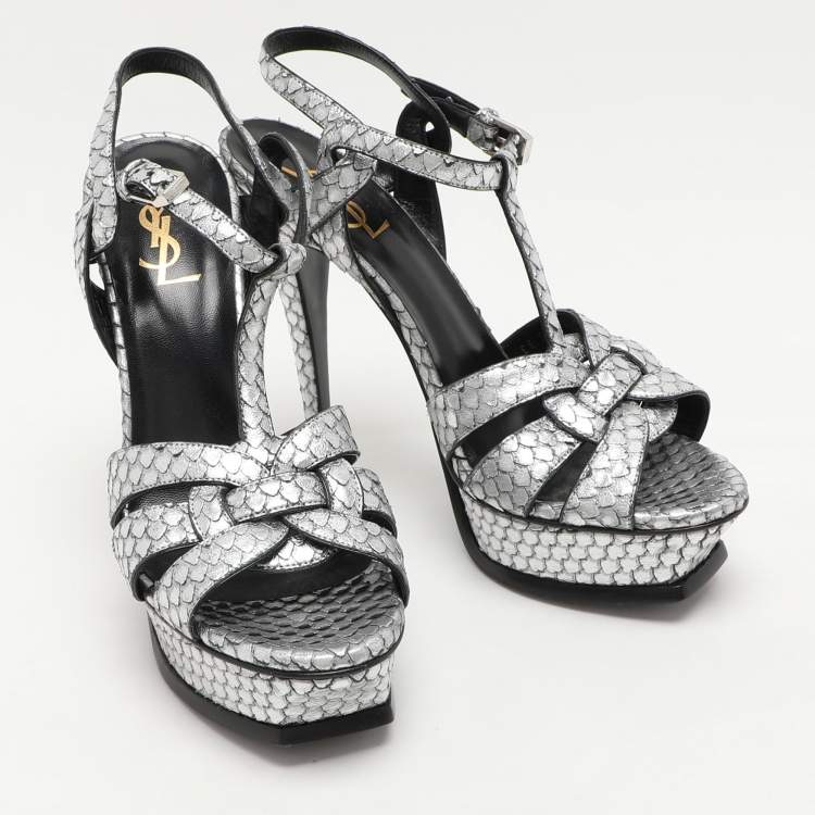 Pre Owned Saint Laurent Paris Silver Python Embossed Leather Tribute Platform Sandals Size 38.5