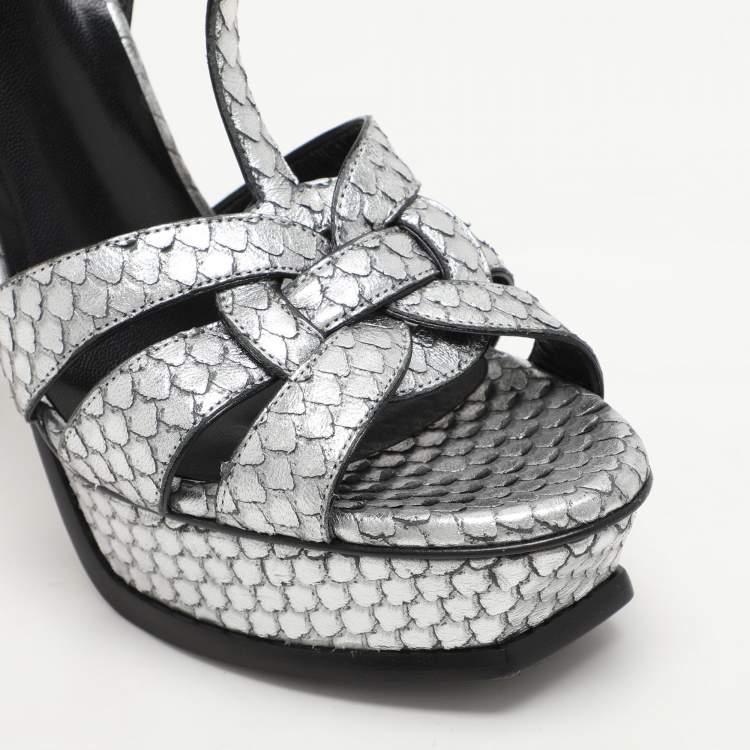 Pre Owned Saint Laurent Paris Silver Python Embossed Leather Tribute Platform Sandals Size 38.5