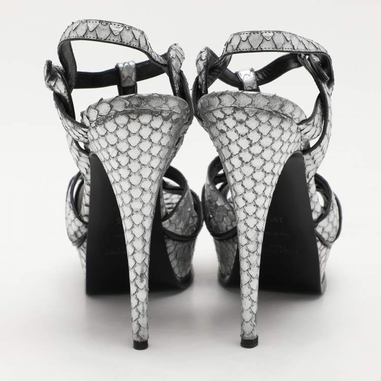 Pre Owned Saint Laurent Paris Silver Python Embossed Leather Tribute Platform Sandals Size 38.5