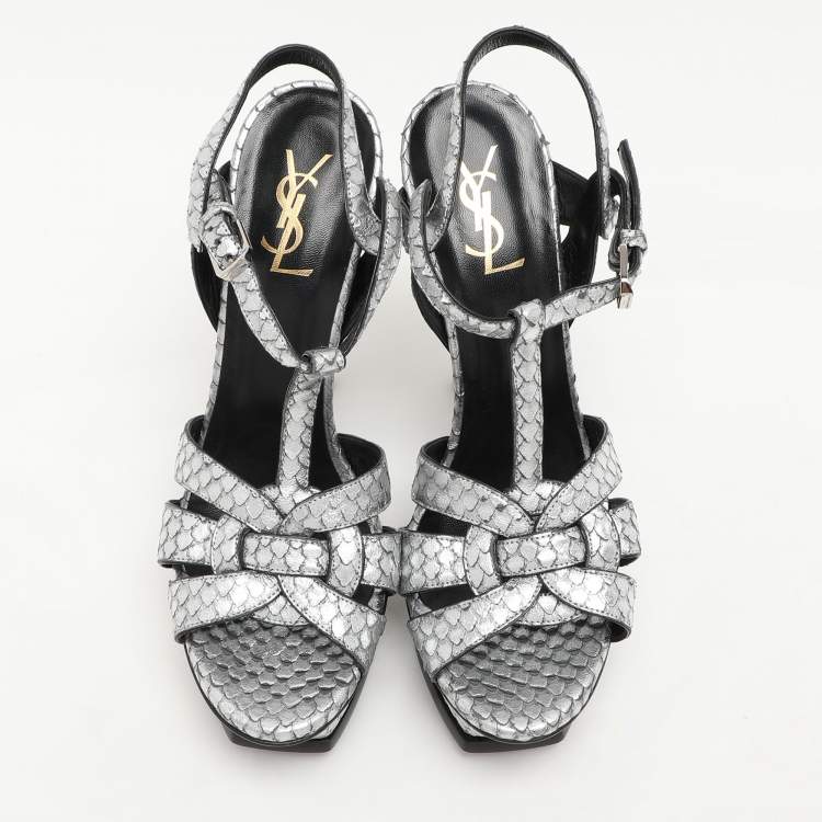Pre Owned Saint Laurent Paris Silver Python Embossed Leather Tribute Platform Sandals Size 38.5