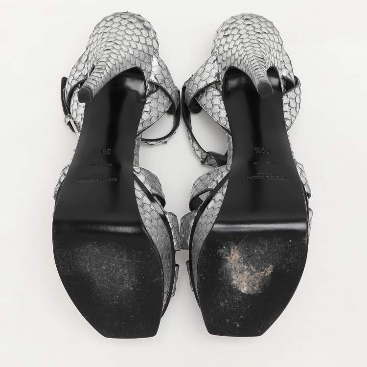 Pre Owned Saint Laurent Paris Silver Python Embossed Leather Tribute Platform Sandals Size 38.5