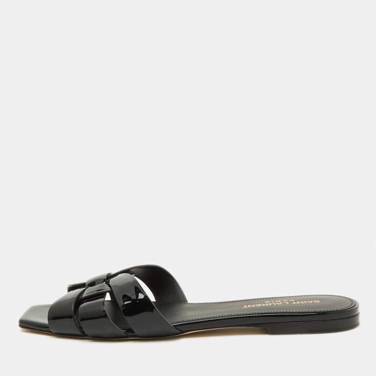 Pre Owned Saint Laurent Black Patent Leather Tribute Flat Sandals Size 37.5