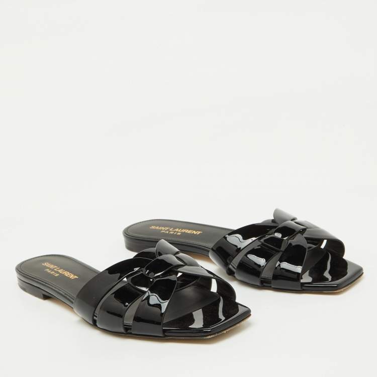 Pre Owned Saint Laurent Black Patent Leather Tribute Flat Sandals Size 37.5