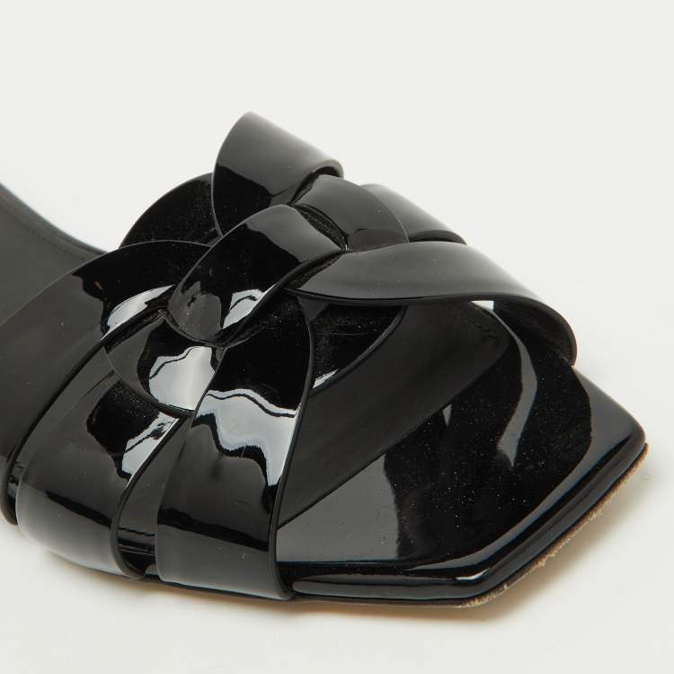Pre Owned Saint Laurent Black Patent Leather Tribute Flat Sandals Size 37.5