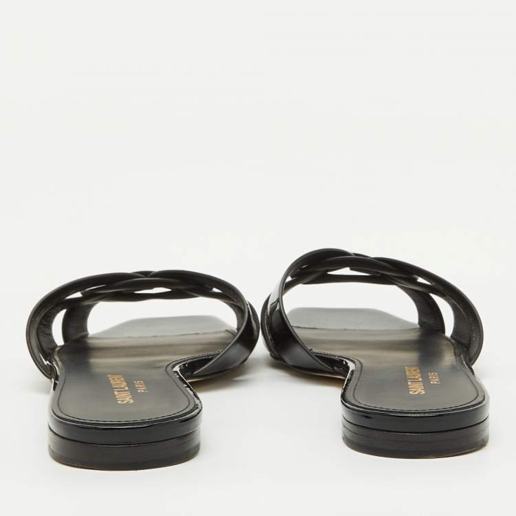 Pre Owned Saint Laurent Black Patent Leather Tribute Flat Sandals Size 37.5