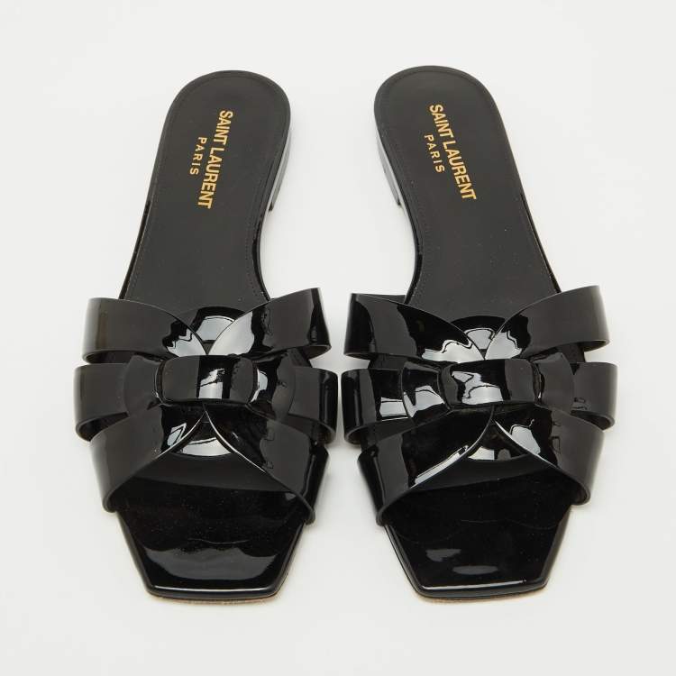 Pre Owned Saint Laurent Black Patent Leather Tribute Flat Sandals Size 37.5
