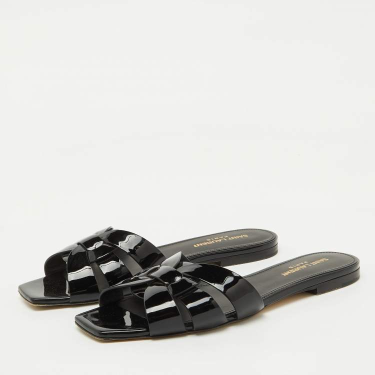 Pre Owned Saint Laurent Black Patent Leather Tribute Flat Sandals Size 37.5