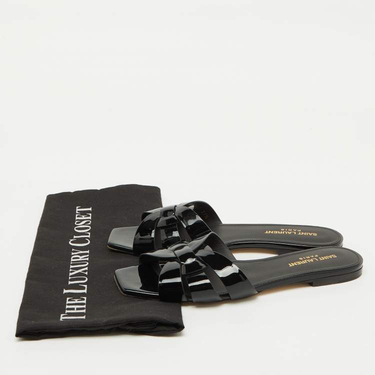 Pre Owned Saint Laurent Black Patent Leather Tribute Flat Sandals Size 37.5