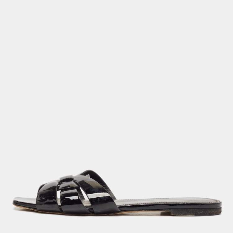 Pre Owned Saint Laurent Black Patent Leather Tribute Flat Slides Size 38