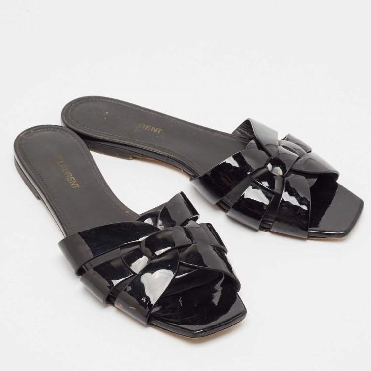 Pre Owned Saint Laurent Black Patent Leather Tribute Flat Slides Size 38