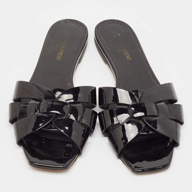 Pre Owned Saint Laurent Black Patent Leather Tribute Flat Slides Size 38