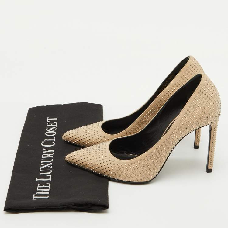Pre Owned Saint Laurent Beige Leather Studded Pointed Toe Pumps Size 38.5