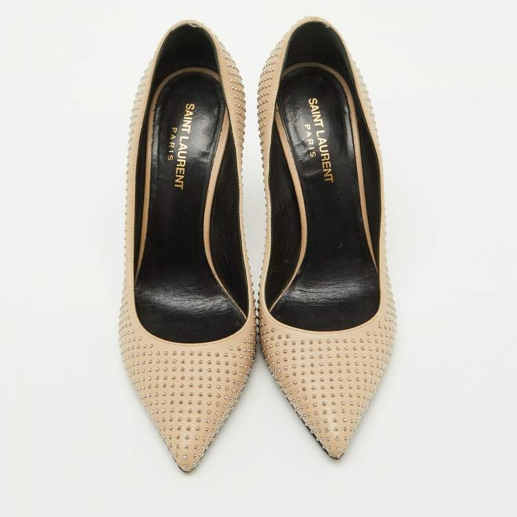 Pre Owned Saint Laurent Beige Leather Studded Pointed Toe Pumps Size 38.5