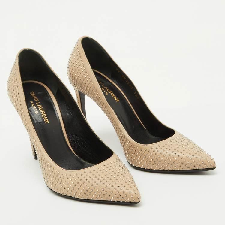 Pre Owned Saint Laurent Beige Leather Studded Pointed Toe Pumps Size 38.5