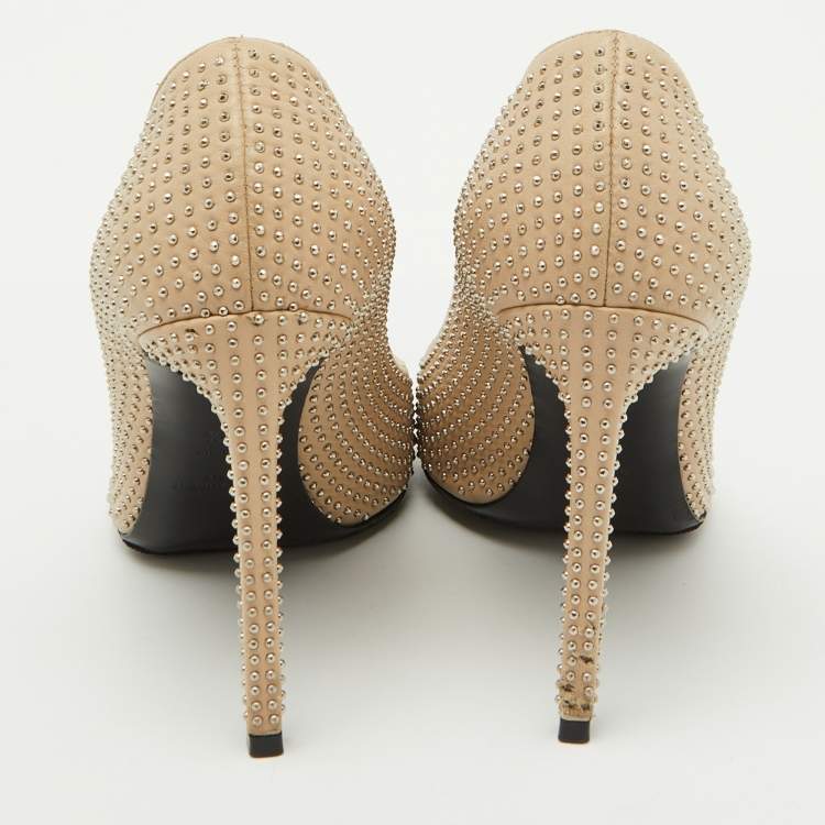 Pre Owned Saint Laurent Beige Leather Studded Pointed Toe Pumps Size 38.5