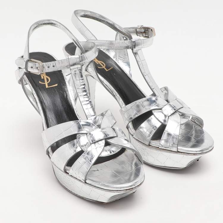 Pre Owned Saint Laurent Silver Croc Embossed Leather Tribute Platform Sandals Size 38.5