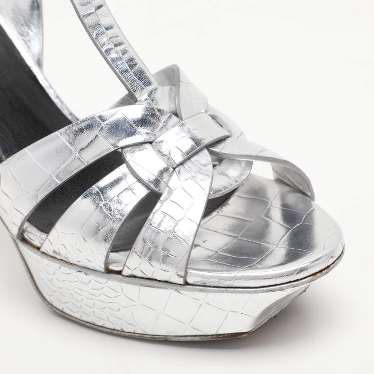 Pre Owned Saint Laurent Silver Croc Embossed Leather Tribute Platform Sandals Size 38.5