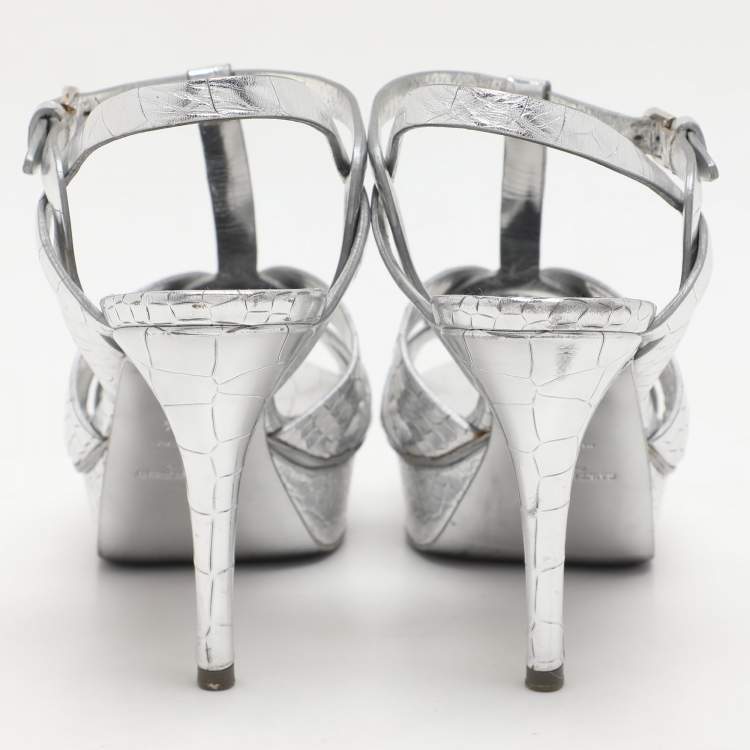 Pre Owned Saint Laurent Silver Croc Embossed Leather Tribute Platform Sandals Size 38.5