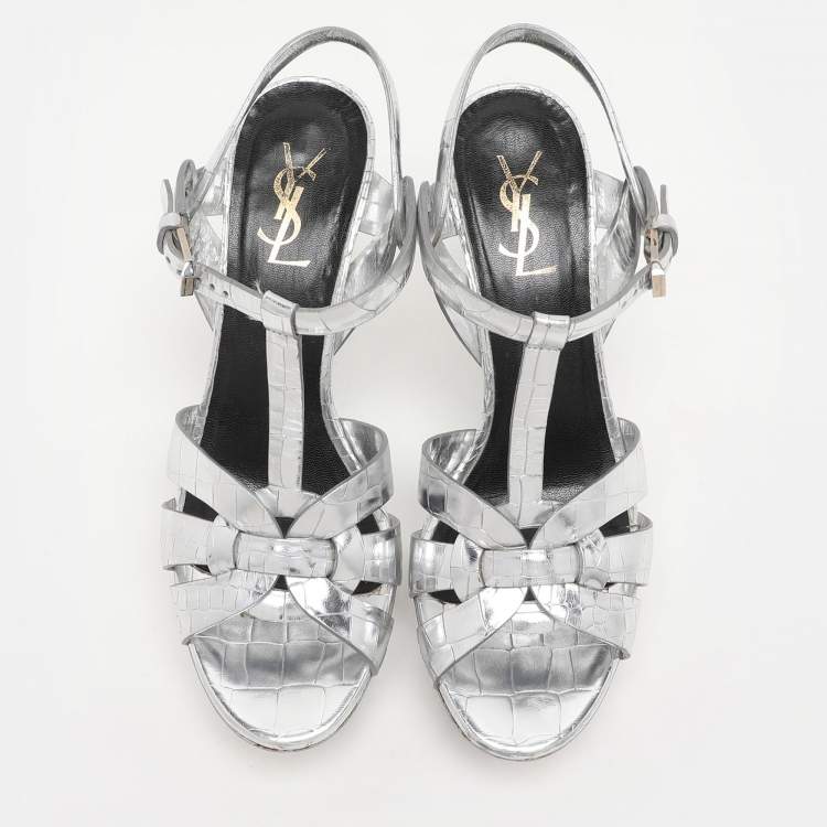 Pre Owned Saint Laurent Silver Croc Embossed Leather Tribute Platform Sandals Size 38.5