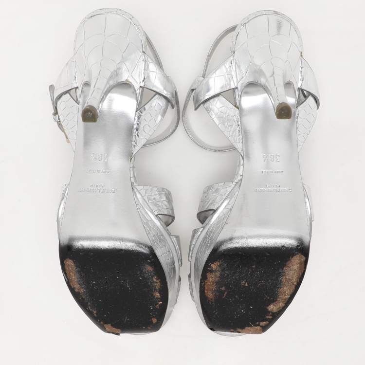 Pre Owned Saint Laurent Silver Croc Embossed Leather Tribute Platform Sandals Size 38.5