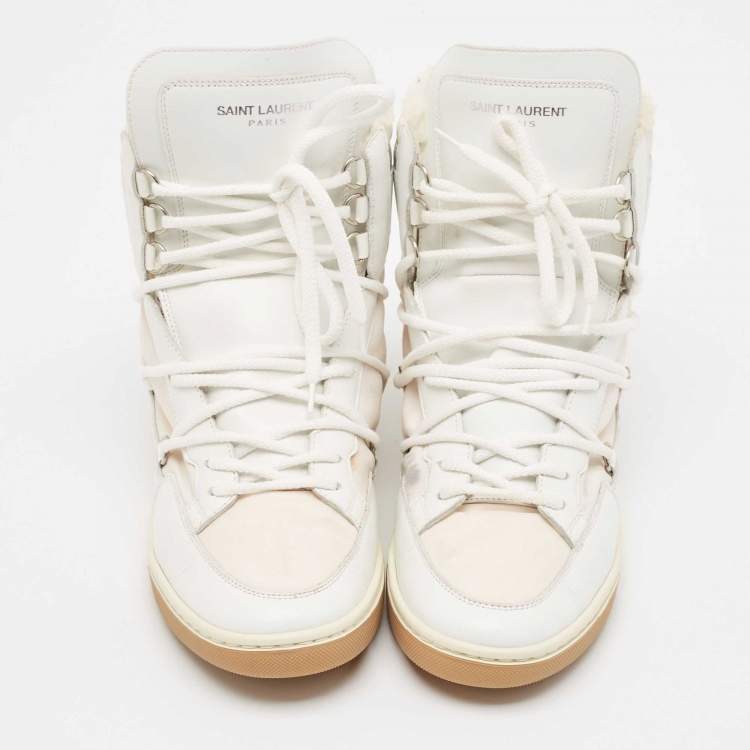 Pre Owned Saint Laurent White/Silver Leather and Nylon Ski High Top Sneakers Size 39.5