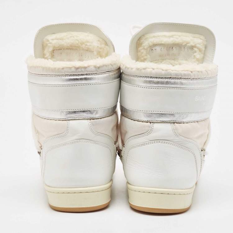 Pre Owned Saint Laurent White/Silver Leather and Nylon Ski High Top Sneakers Size 39.5