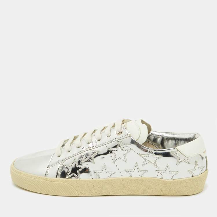 Pre Owned Saint Laurent Silver/White Leather Star Alpha Low Top Sneakers Size 38