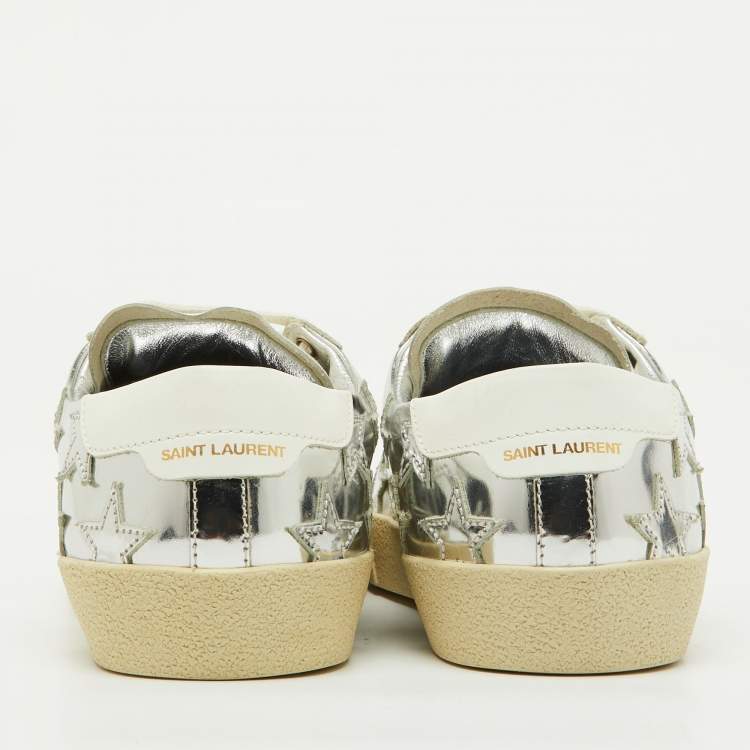 Pre Owned Saint Laurent Silver/White Leather Star Alpha Low Top Sneakers Size 38