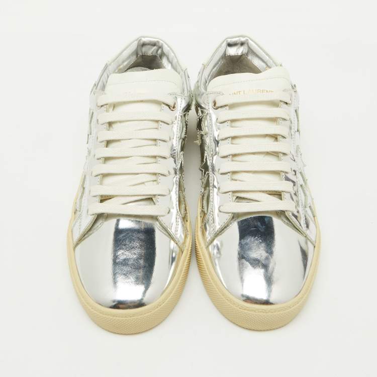 Pre Owned Saint Laurent Silver/White Leather Star Alpha Low Top Sneakers Size 38