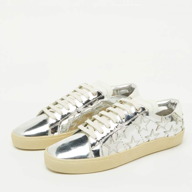 Pre Owned Saint Laurent Silver/White Leather Star Alpha Low Top Sneakers Size 38