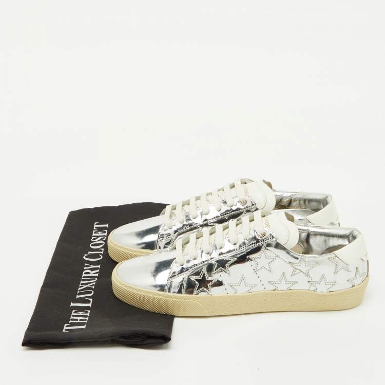 Pre Owned Saint Laurent Silver/White Leather Star Alpha Low Top Sneakers Size 38